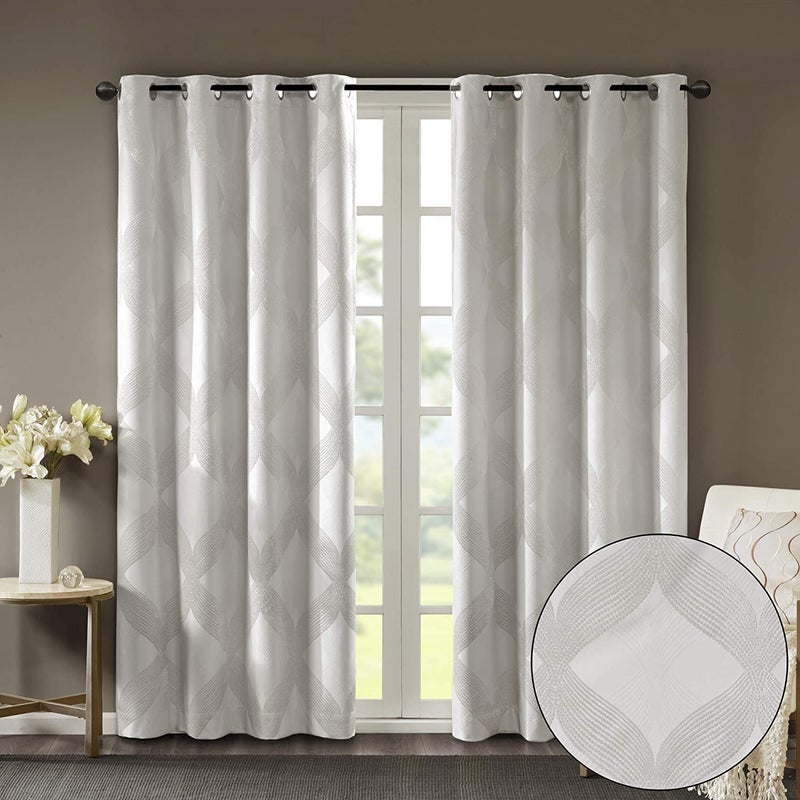 Sun Smart Bentley Total Blackout Curtains Window Ogee Knitted Jacquard Grommet Top Living Room Decor Thermal Insulated Light Blocking Drape for Bedroom and Apartments 50x108 Ivory