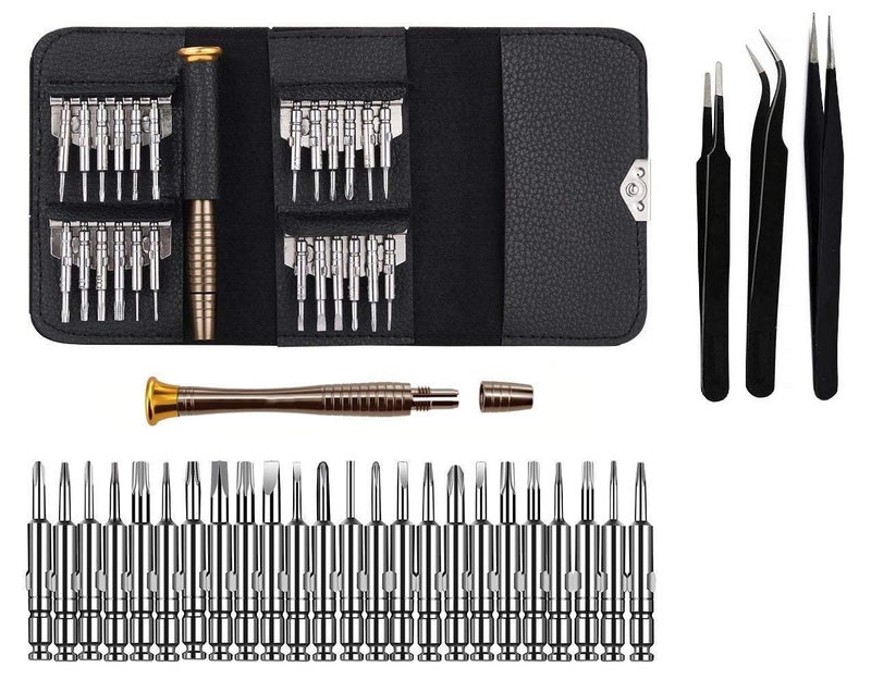 Axtella Wroughton 25 in 1 Precision Screwdriver Set Multi Pocket Repair Tool Kit with Black Leather Bag for MobilesLaptopsElectronics With Set of 3 ESD Non Magnetic Tweezers Straight Flat Curved  - Image 1