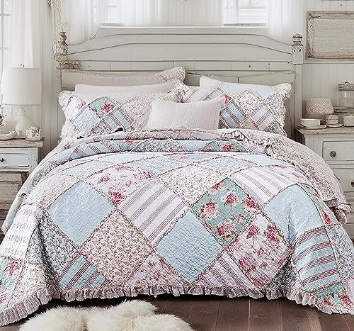 DaDa Bedding Cottage Patchwork Cotton Floral Bedspread Quilt Set Hint of Mint Dainty Quilted Blooming Garden Botanical Multi Colorful Ruffle Pastel Light Pink BlueGreen Cal King 3Pieces