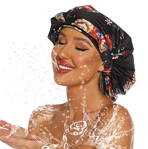 HIUMI Womens Shower Cap for Long Hair Luxury Shower Cap For Dreadlocks, Braids, Curls, Locs, Curly Hair，Mother's Day Gift （Black） - Image 2