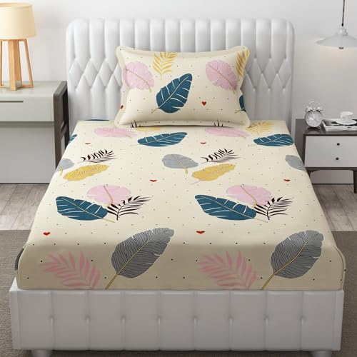 Filymore Flat Single bedsheet Floral Leaf Design bedcover with 1 Pillow Cover - 240 TC Soft Microfiber Bedspread for Single Size Bed Color Cream (90x60 inches) - Image 4