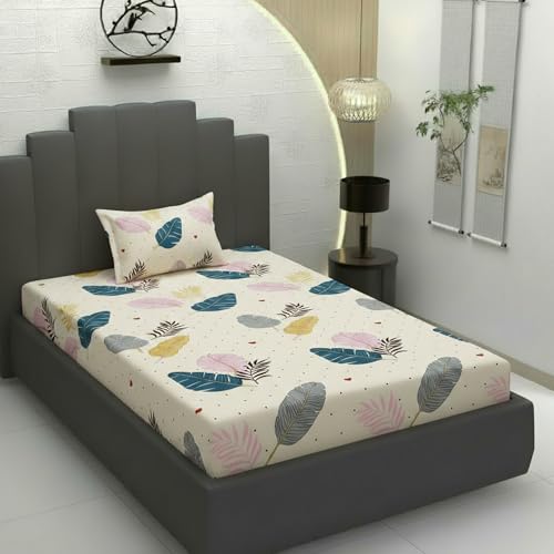 Filymore Flat Single bedsheet Floral Leaf Design bedcover with 1 Pillow Cover - 240 TC Soft Microfiber Bedspread for Single Size Bed Color Cream (90x60 inches) - Image 1