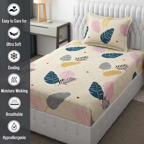 Filymore Flat Single bedsheet Floral Leaf Design bedcover with 1 Pillow Cover - 240 TC Soft Microfiber Bedspread for Single Size Bed Color Cream (90x60 inches) - Image 5