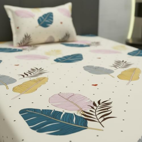 Filymore Flat Single bedsheet Floral Leaf Design bedcover with 1 Pillow Cover - 240 TC Soft Microfiber Bedspread for Single Size Bed Color Cream (90x60 inches) - Image 2