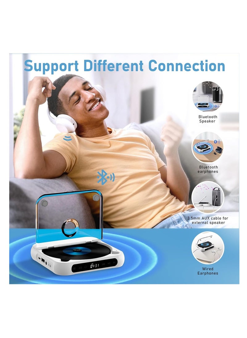 SYOSI Bluetooth CD Player, Portable Rechargeable Personal CD Player for Car & Travel, with Headphones, LCD Touch Screen, Anti-Skip & Shockproof Design, White - Image 4
