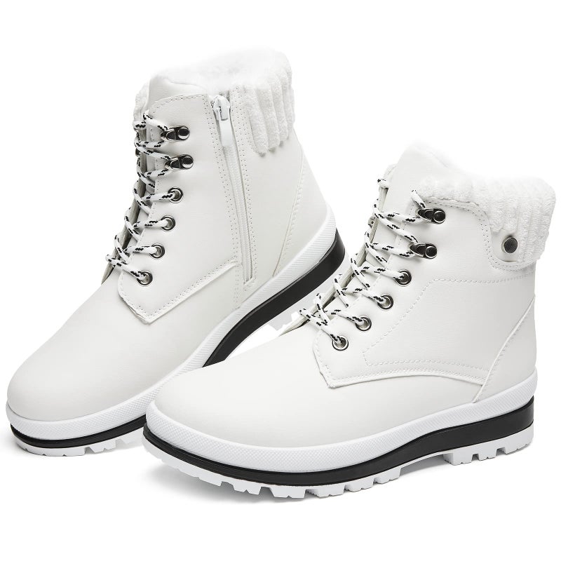 BABUDOG Womens Waterproof Ankle Boots for Outdoor (Non Slip Outsole),Fashion Combat Boots with Side Zipper,Warm Fur Lined Winter Snow Boots(White.US9) - Image 1