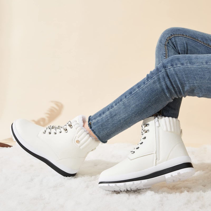 BABUDOG Womens Waterproof Ankle Boots for Outdoor (Non Slip Outsole),Fashion Combat Boots with Side Zipper,Warm Fur Lined Winter Snow Boots(White.US9) - Image 3