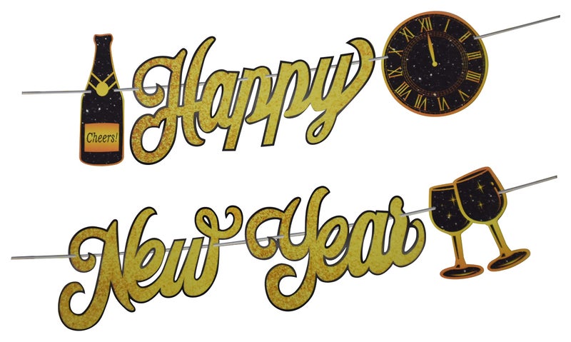 Jagmag® Golden Champagne Happy New Year Banner Black Bunting with Gold Alphabet for New Year Party Supplier Eve Party Decorations, Champagne with Wine Glass New Year Banner - Image 4