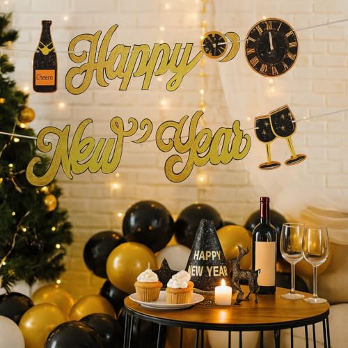 Jagmag® Golden Champagne Happy New Year Banner Black Bunting with Gold Alphabet for New Year Party Supplier Eve Party Decorations, Champagne with Wine Glass New Year Banner - Image 2