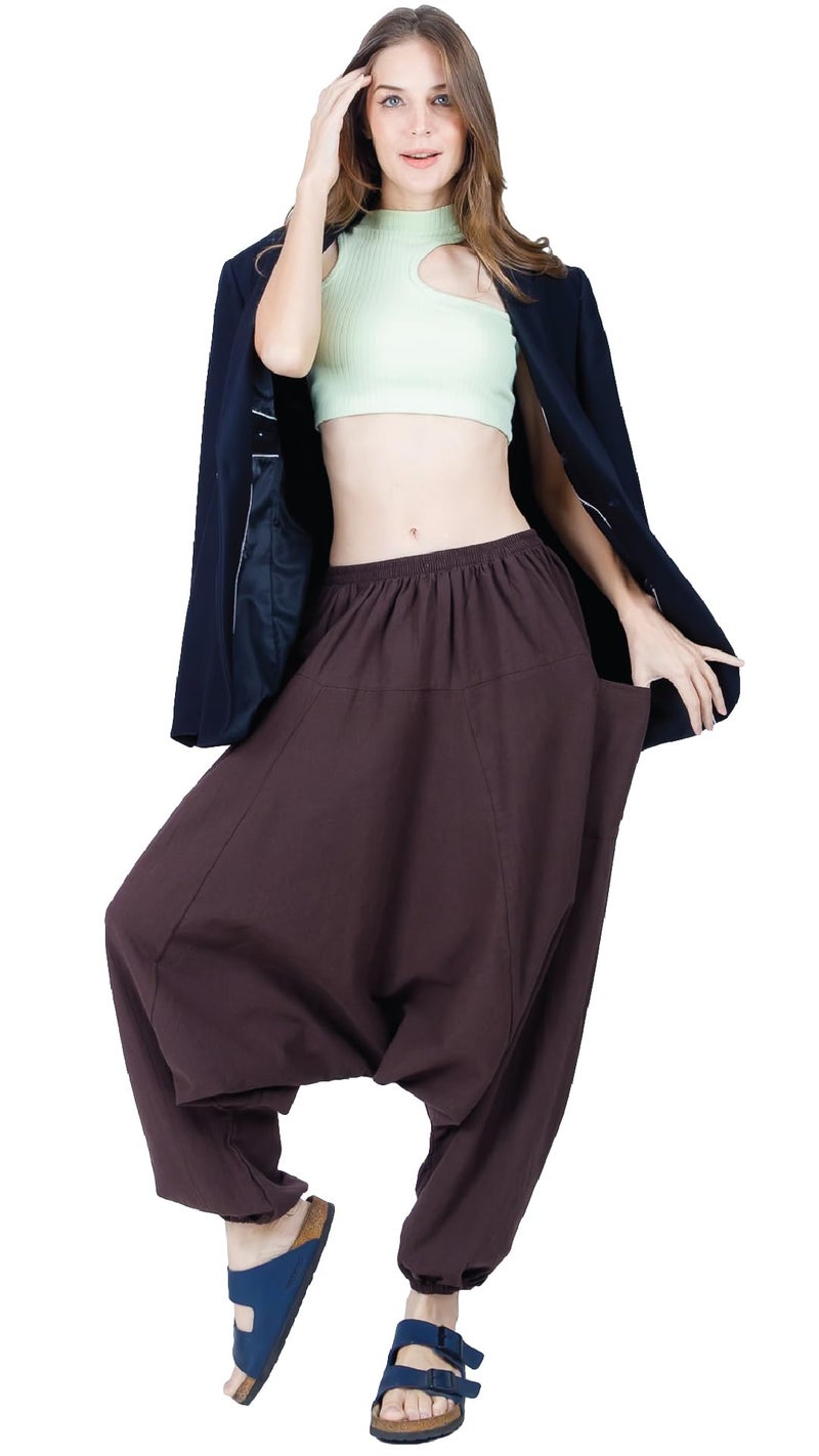 CandyHusky Women Cotton Harem Pants Casual Elastic Waist Boho Pants ComfortSoft - Dark Brown - Image 5
