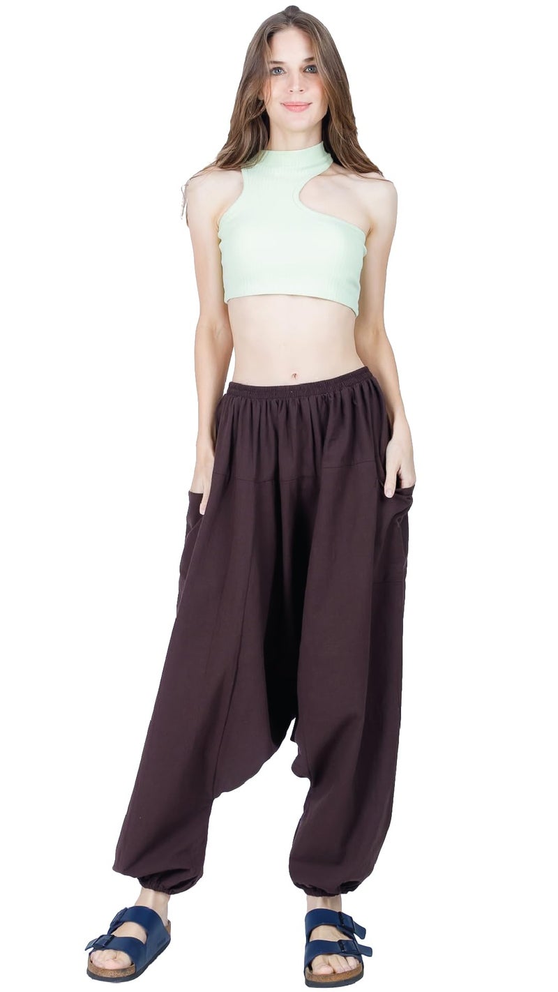 CandyHusky Women Cotton Harem Pants Casual Elastic Waist Boho Pants ComfortSoft - Dark Brown - Image 4