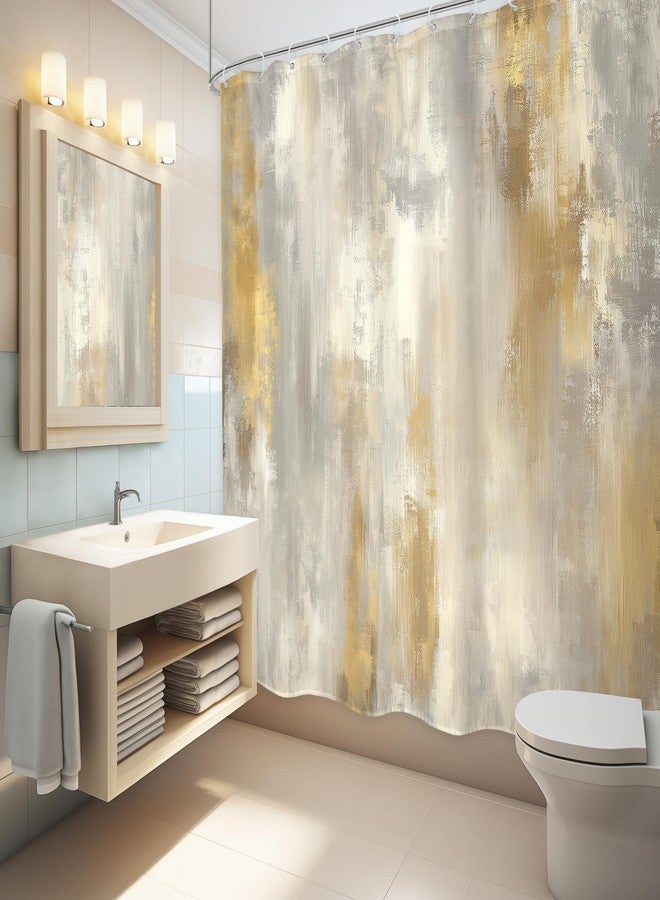 LGhtyro Abstract White and Gold Shower Curtain Bathroom Set 71Wx71H Inches Modern Marble Boho Ombre Minimalist Retro Vintage Oil Painting Bath Accessories Aesthetic Art Home Decor Fabric 12 Pack Hooks - Image 4