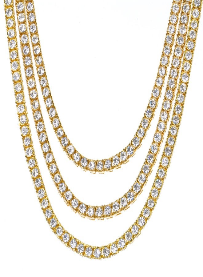 METALTREE98 4 mm 20" 22" 24" Triple Tennis Chain Set Men's CZ Stone Iced Bling Necklace (Gold Toned) - Image 1