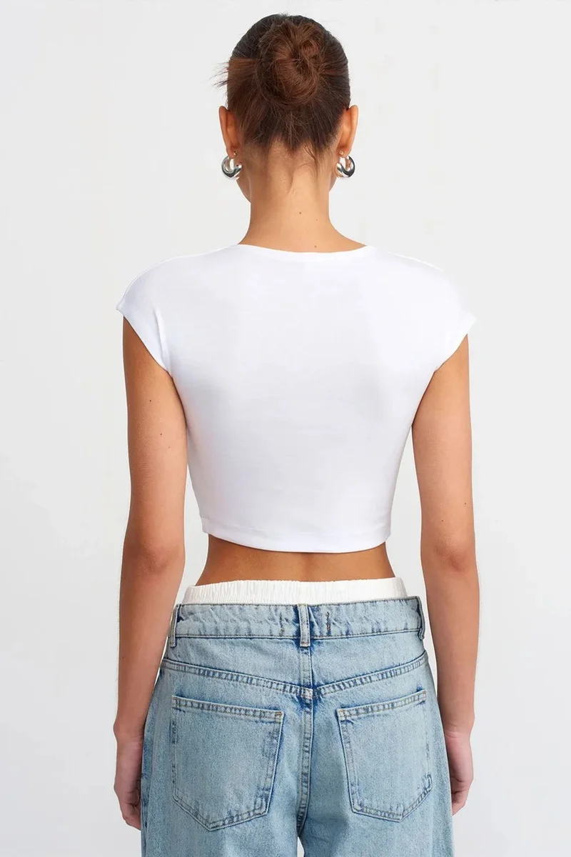 Dilvin White DILVIN Slim Fit Crop Jersey Blouse for Women | Best Price UAE