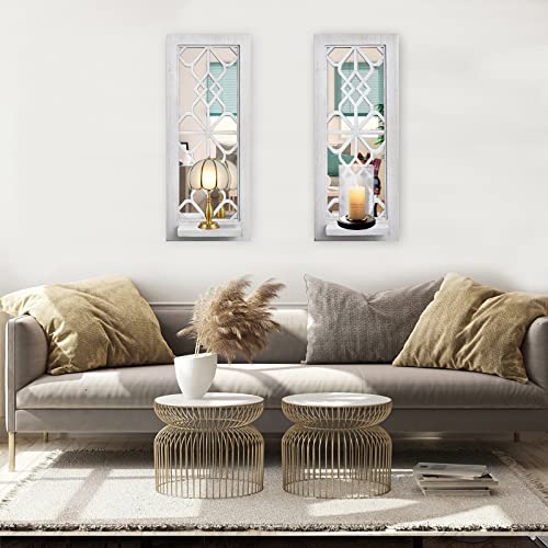 ZEXUIRU 2 Set. Rustic Candle Sconces Living Room Bedroom Entryway Wood Mirrored, Farmhouse, Carved Frame Wall-Mount Wooden Candle Holders Wall Decor Hanging Handmade Holder - Distressed White - Image 3