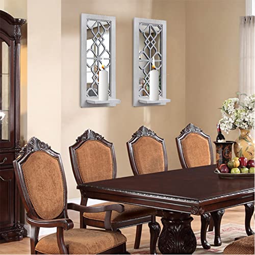 ZEXUIRU 2 Set. Rustic Candle Sconces Living Room Bedroom Entryway Wood Mirrored, Farmhouse, Carved Frame Wall-Mount Wooden Candle Holders Wall Decor Hanging Handmade Holder - Distressed White - Image 2