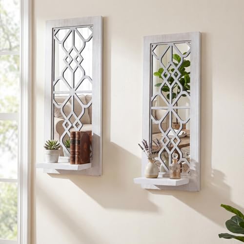 ZEXUIRU 2 Set. Rustic Candle Sconces Living Room Bedroom Entryway Wood Mirrored, Farmhouse, Carved Frame Wall-Mount Wooden Candle Holders Wall Decor Hanging Handmade Holder - Distressed White - Image 1
