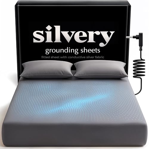 Silvery Silver-Infused Grounding Bed Sheets - Silky-Soft Earthing Fitted Sheet with Grounding Cable & Guide - 90% Lyocell 10% Conductive Silver for Better Sleep - Image 1