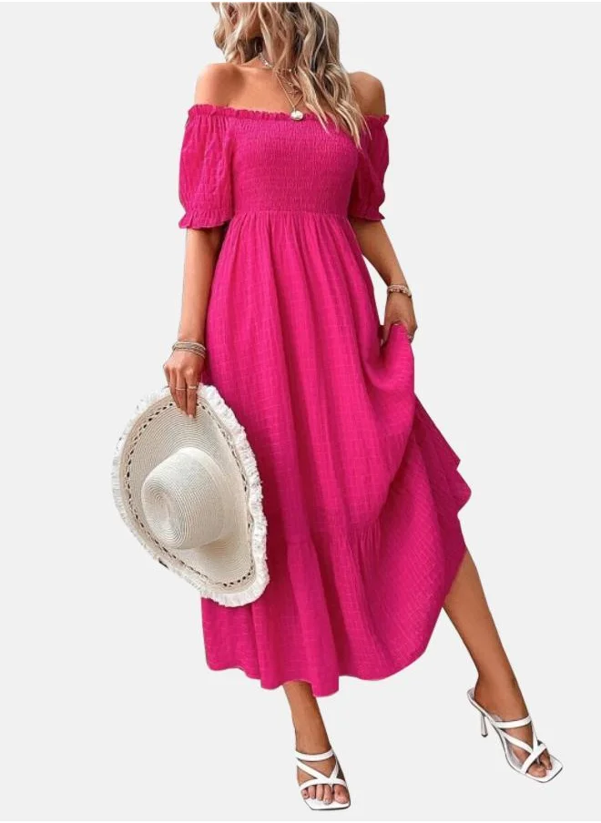 YUNIQEE Pink Off-Shoulder Smocked Maxi Dress