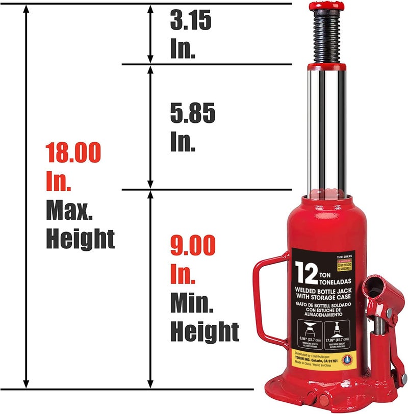 Big RED T91213 Torin Hydraulic Bottle Jack with Carrying Case, 12 Ton (24,000 lb) Capacity - Image 2