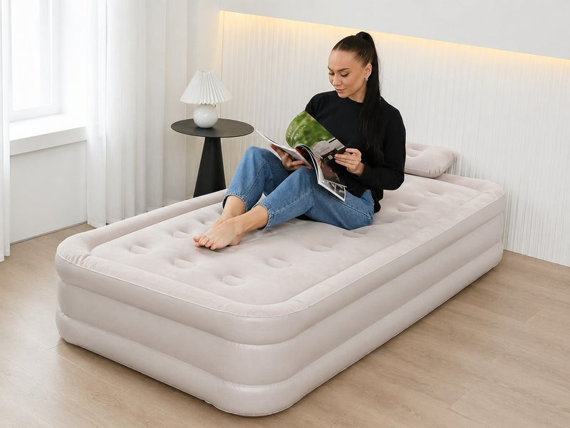 O2. Single Size Inflatable Air Mattress with 4000mAh Electric Air Pump, Raised Portable Air Bed with Soft Flocked Surface, Pillow and Storage Bag for Guests, Camping, Travel, Home and Indoor Outdoor Use, (198 × 100 × 40 cm) - Image 5