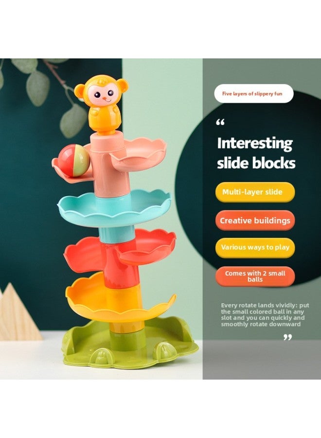 Children's Building Blocks Track Turning Music Rolling Ball 1-3 Years Old Baby Gliding Tower Sliding Music Educational Assembly Toy-Color:Large Slide Spinner [5 Layers] Color Box  - Image 1