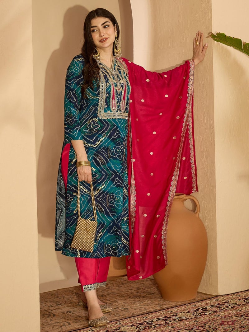 EthnicJunction Women's Rayon Bandhani Print and Embroidered Kurta Salwar and Dupatta Set | Ethnic Set for Women | Wedding Suit | Salwar Suit Set | Bandhni Kurta Set Teal - Image 4