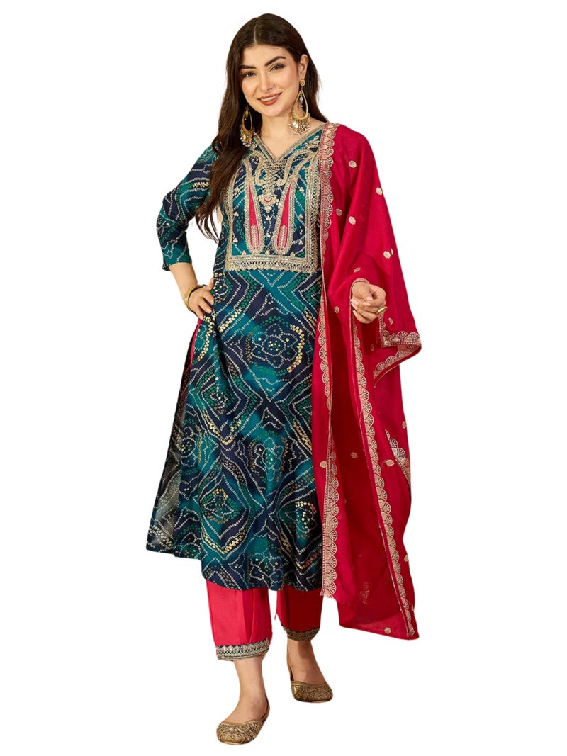 EthnicJunction Women's Rayon Bandhani Print and Embroidered Kurta Salwar and Dupatta Set | Ethnic Set for Women | Wedding Suit | Salwar Suit Set | Bandhni Kurta Set Teal - Image 1