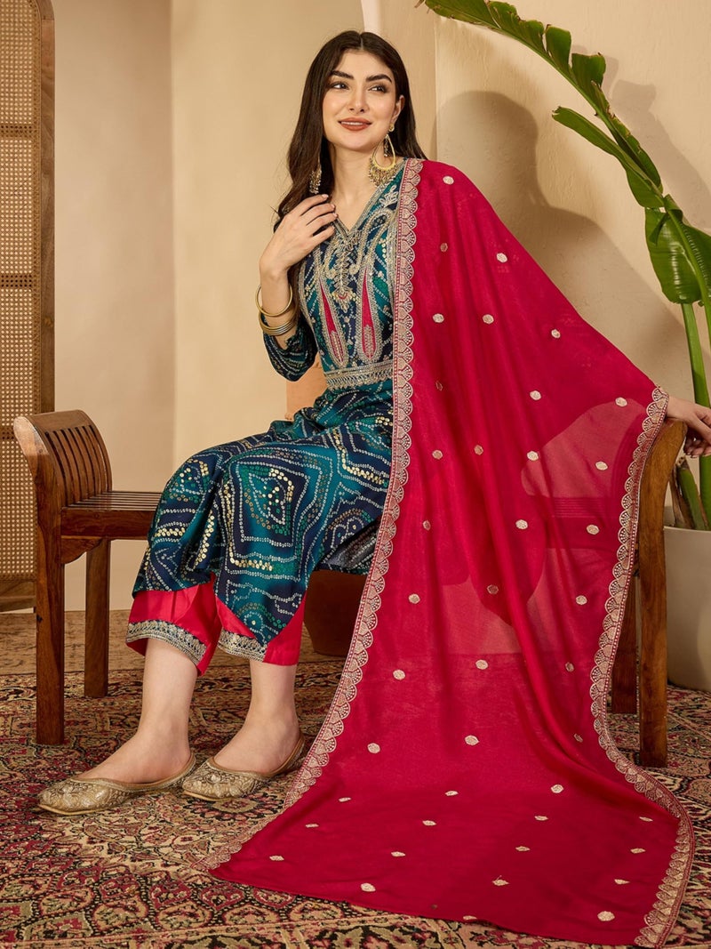 EthnicJunction Women's Rayon Bandhani Print and Embroidered Kurta Salwar and Dupatta Set | Ethnic Set for Women | Wedding Suit | Salwar Suit Set | Bandhni Kurta Set Teal - Image 2