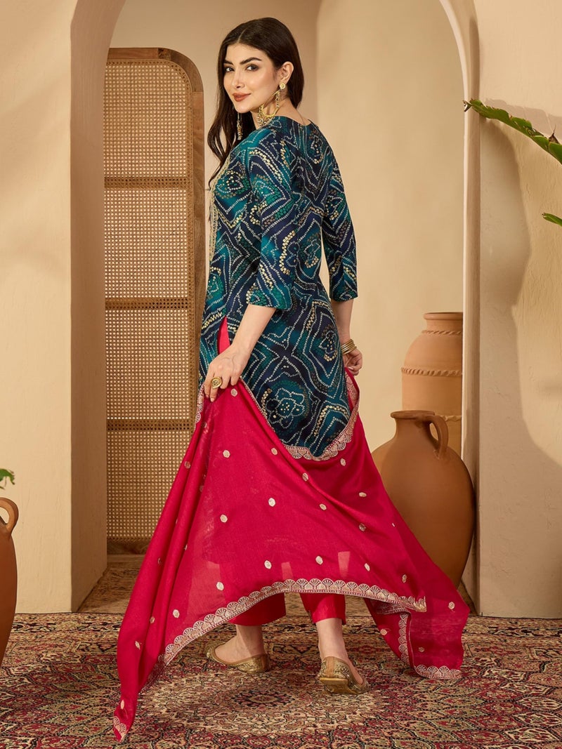 EthnicJunction Women's Rayon Bandhani Print and Embroidered Kurta Salwar and Dupatta Set | Ethnic Set for Women | Wedding Suit | Salwar Suit Set | Bandhni Kurta Set Teal - Image 5