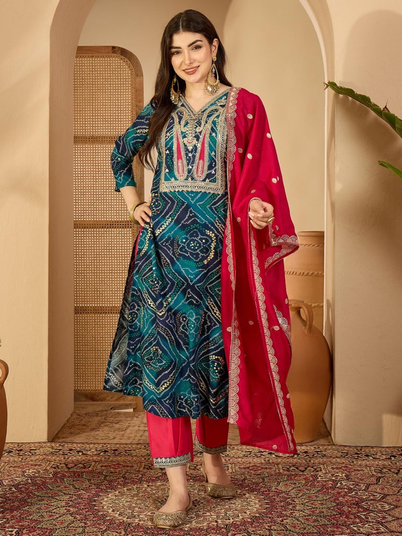 EthnicJunction Women's Rayon Bandhani Print and Embroidered Kurta Salwar and Dupatta Set | Ethnic Set for Women | Wedding Suit | Salwar Suit Set | Bandhni Kurta Set Teal - Image 3