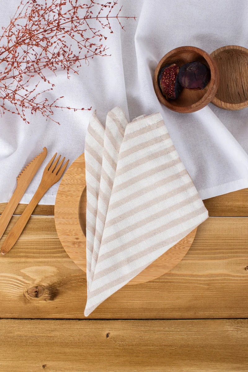 ويلستيل Kayra | Set of 8 Light Brown Striped Linen Napkins
