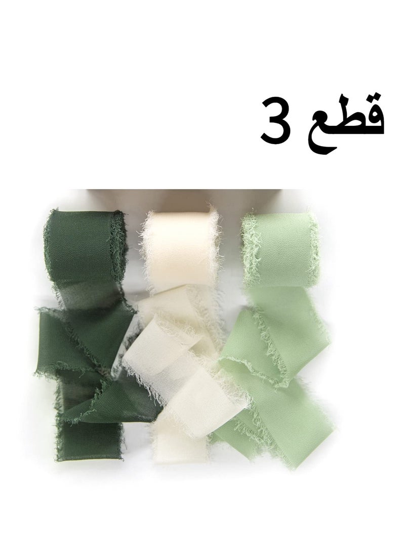 شو وو 3 لفات من شرائط الشيفون ذات الحواف المصنوعة يدويًا، 4 سم × 500 سم، مجموعة شرائط تشبه الحرير باللون الأخضر الكريمي لدعوات الزفاف وباقات الزفاف وتغليف الهدايا والحرف اليدوية  - Image 1