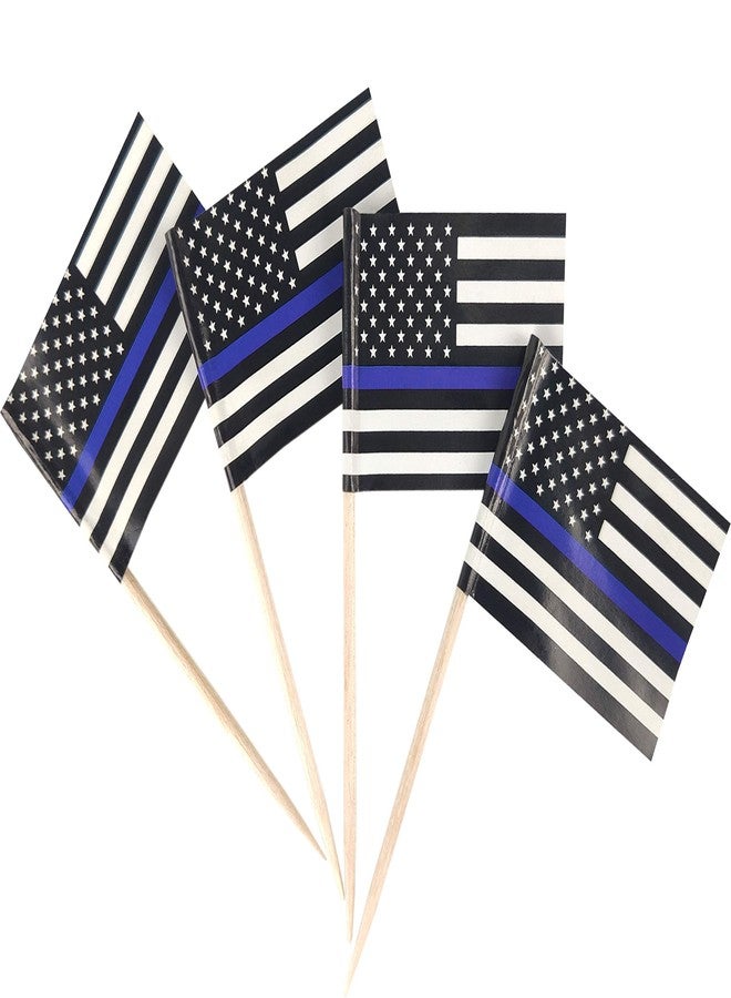 QQSD Thin Blue Line American Police Toothpick Flag Small Mini Cupcake Topper Flags, 100 pcs - Image 1
