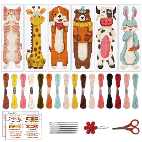 ACRNIGHEET 6PCS Cross Stitch Bookmark Kit for Beginner Cartoon Animals Stamped Cross Stitch Kits for Adults DIY Embroidery Bookmark Kits Crossstitch Kits Adult with Instructions Hand Craft Gift 11CT - Image 1