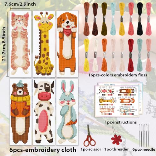 ACRNIGHEET 6PCS Cross Stitch Bookmark Kit for Beginner Cartoon Animals Stamped Cross Stitch Kits for Adults DIY Embroidery Bookmark Kits Crossstitch Kits Adult with Instructions Hand Craft Gift 11CT - Image 2