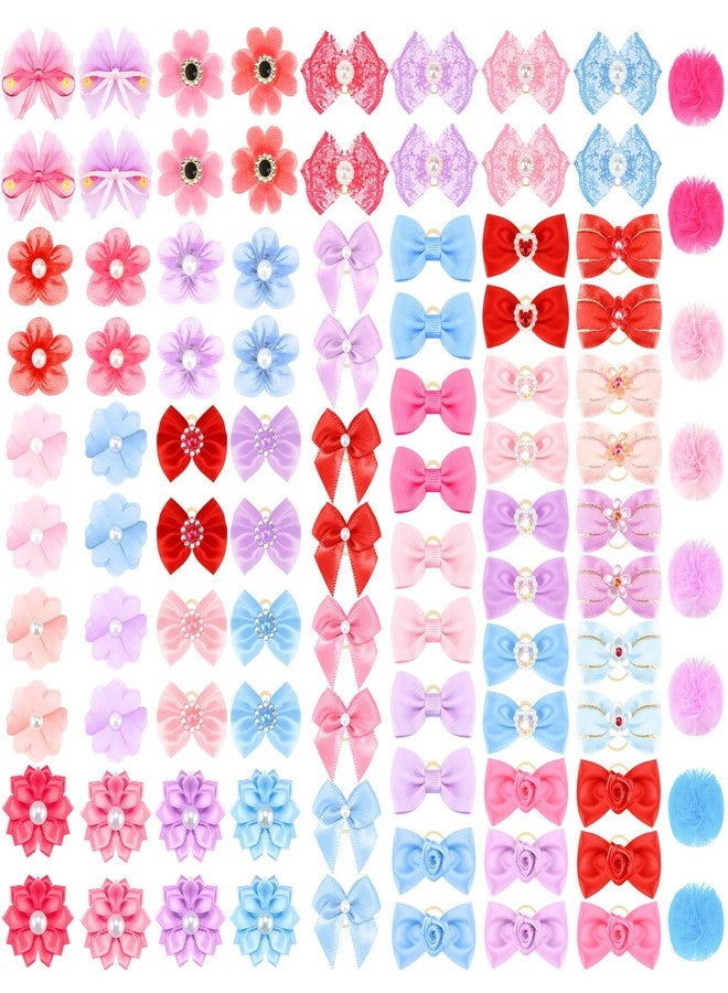 Jexine 100 Pcs/ 50 Pairs Dog Hair Bows with Rubber Bands Puppy Hair Bows Grooming Accessories Multicolor Small Pet Handmade Bowknot for Puppy Pet Girl Female Accessories - Image 1