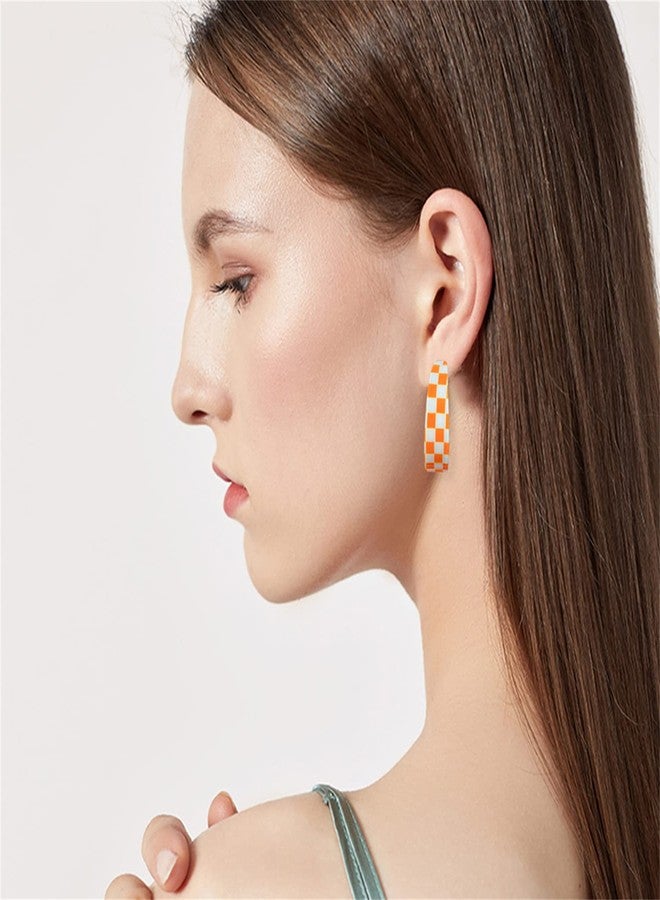 KVANU Unique Lightweight Minimalist 70s 80s 90s Vintage C Shaped Acrylic Resin Dangle Drop Earrings Fashion Geometric Black White Grid Hoop Earrings for Women Statement Jewelry Gifts (Orange) - Image 2