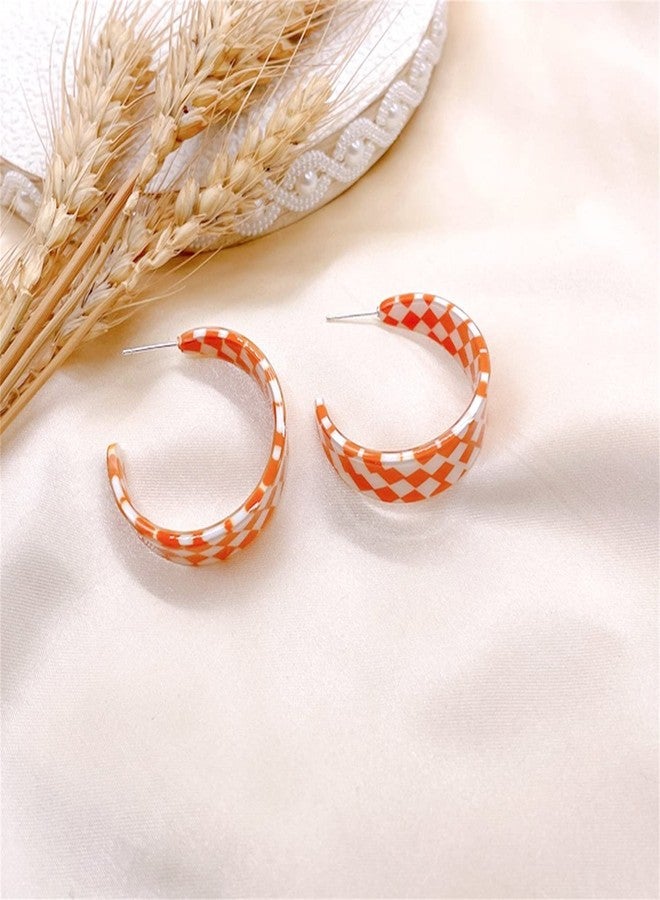 KVANU Unique Lightweight Minimalist 70s 80s 90s Vintage C Shaped Acrylic Resin Dangle Drop Earrings Fashion Geometric Black White Grid Hoop Earrings for Women Statement Jewelry Gifts (Orange) - Image 5
