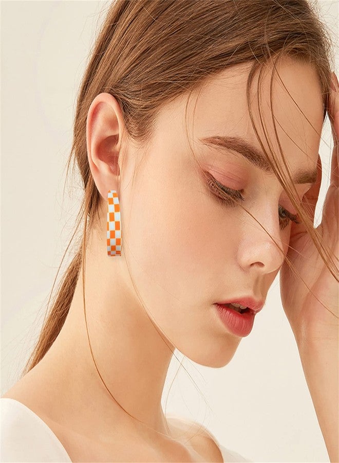 KVANU Unique Lightweight Minimalist 70s 80s 90s Vintage C Shaped Acrylic Resin Dangle Drop Earrings Fashion Geometric Black White Grid Hoop Earrings for Women Statement Jewelry Gifts (Orange) - Image 4