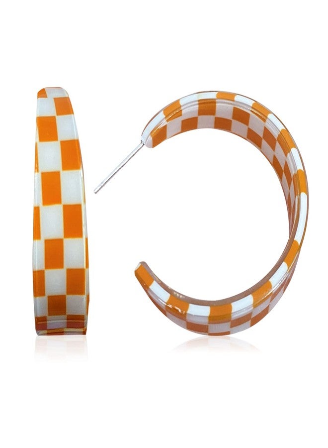 KVANU Unique Lightweight Minimalist 70s 80s 90s Vintage C Shaped Acrylic Resin Dangle Drop Earrings Fashion Geometric Black White Grid Hoop Earrings for Women Statement Jewelry Gifts (Orange) - Image 1