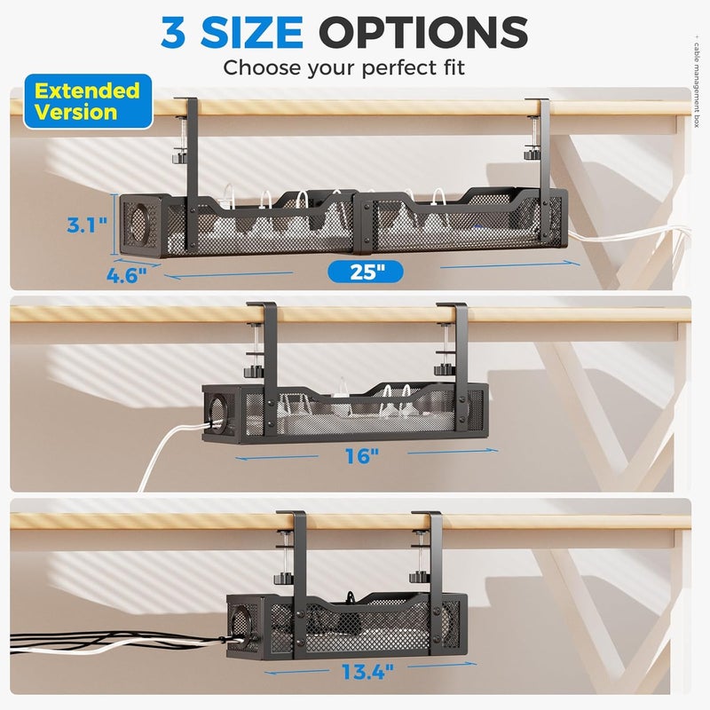 Cinati [Upgraded] Extra Large Under Desk Cable Management, 25" Wire Organizers No Drill, Cable Tray with Clamp for Wire Management, Cord Organization Box for Office, Home - No Damage to Desk(Black) - Image 2