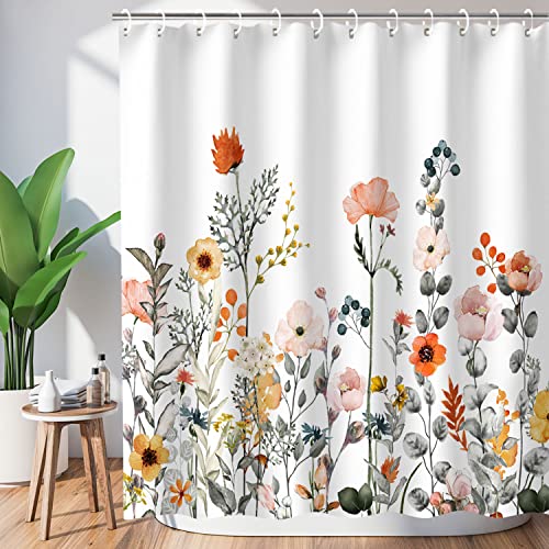 LIVILAN Floral Shower Curtains for Bathroom Flower Pretty Fabric Colorful Wildflower Flowered Shower Curtain with 12 Hooks Decorative Machine Washable, 72" W x 72" H - Image 1