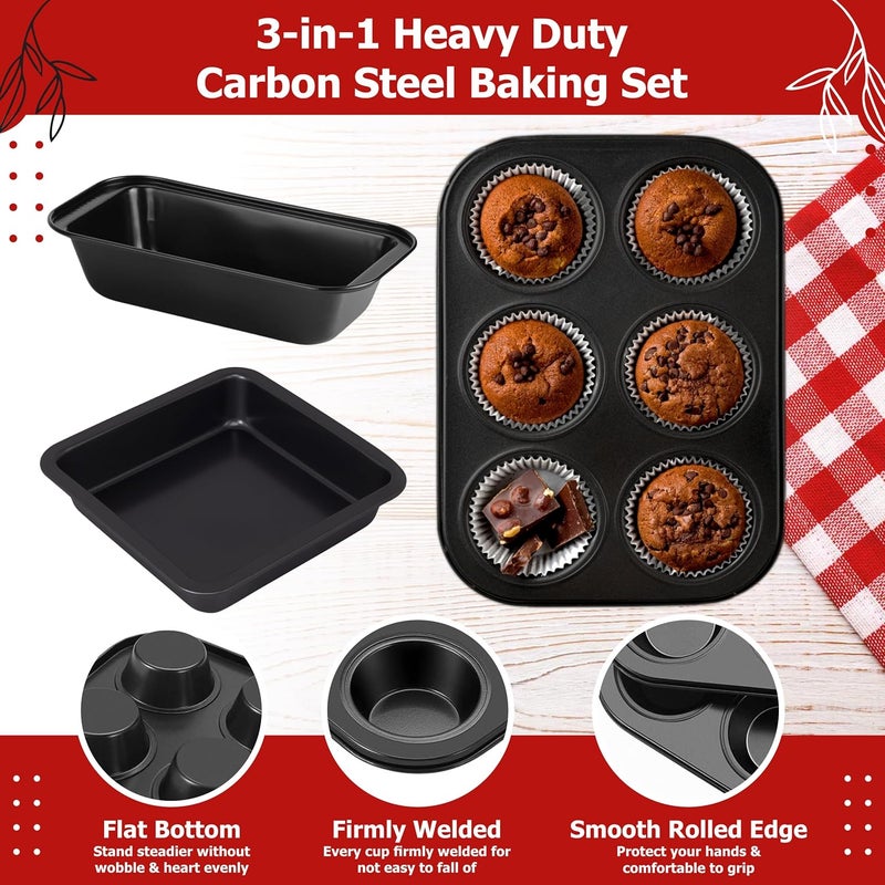 Casa Azul 3Pcs NonStick Bakeware Cake Tin Set Muffin Tray Square Baking Tray Bread Mould BPA Free HeavyDuty Carbon Steel Baking Pan Microwave OTG Oven Safe - Image 2