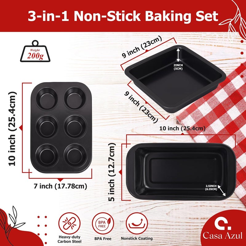Casa Azul 3Pcs NonStick Bakeware Cake Tin Set Muffin Tray Square Baking Tray Bread Mould BPA Free HeavyDuty Carbon Steel Baking Pan Microwave OTG Oven Safe - Image 3