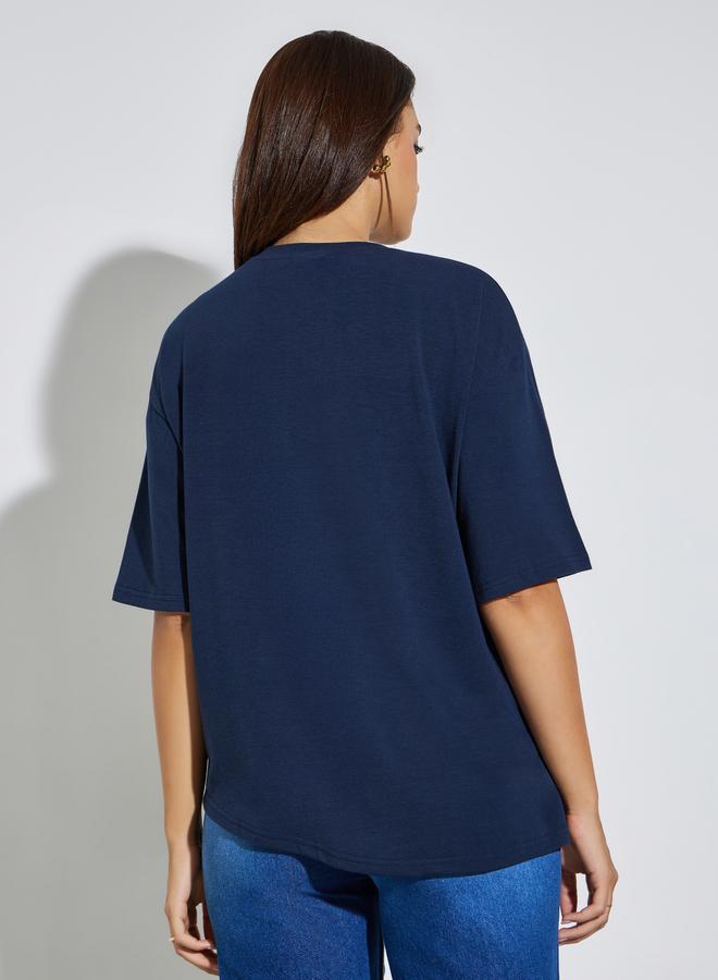 Styli Dark Blue Asymmetric Hem Oversized T-Shirt - Image 4