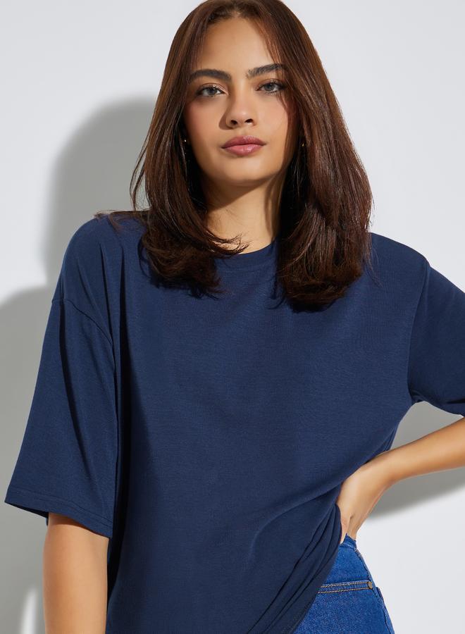 Styli Dark Blue Asymmetric Hem Oversized T-Shirt - Image 1