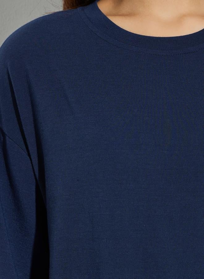 Styli Dark Blue Asymmetric Hem Oversized T-Shirt - Image 3