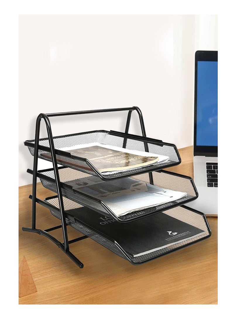 صينية مستندات شبكية معدنية ثلاثية الطبقات، منظم مكتب، رف ملفات بحجم A4، أسود - Image 2