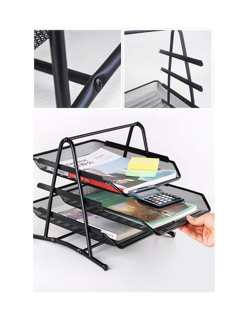 صينية مستندات شبكية معدنية ثلاثية الطبقات، منظم مكتب، رف ملفات بحجم A4، أسود - Image 4